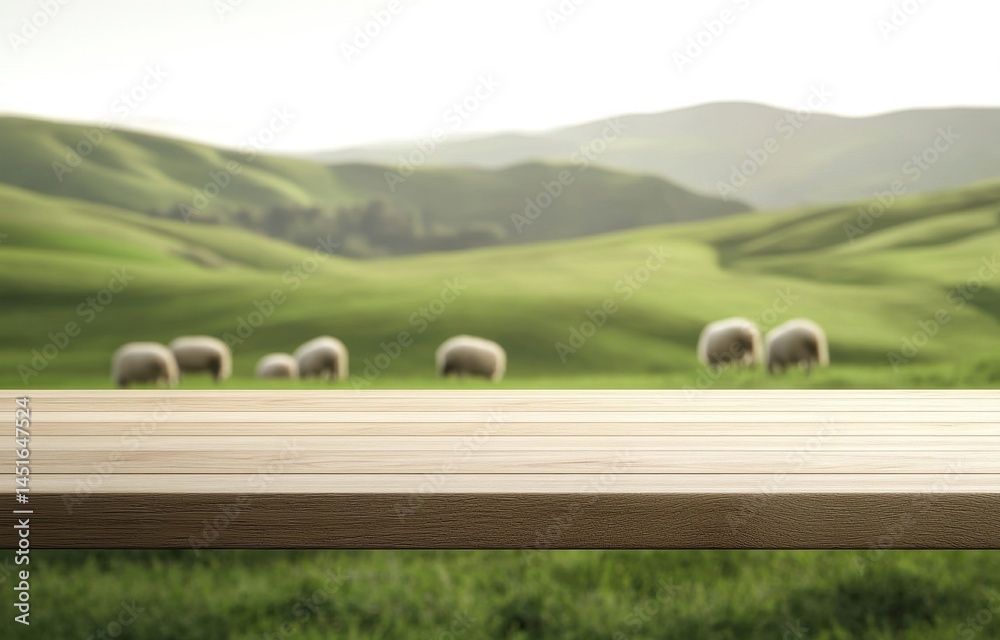 Aufkleber green rolling hills with grazing sheep in countryside with a wooden table in foreground offering cop