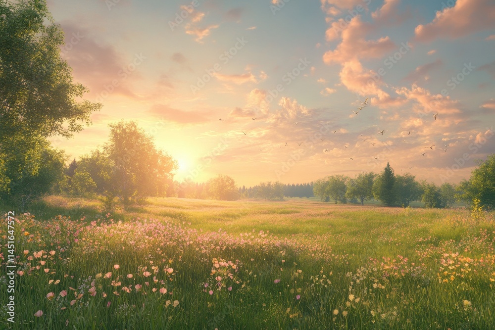 Aufkleber sunlit meadow with wildflowers at sunset golden sky and lush green trees creating a tranquil and sce
