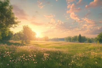 Sunlit Meadow with Wildflowers at Sunset Golden Sky and Lush Green Trees Creating a Tranquil and Scenic Landscape in a Peaceful Countryside Setting