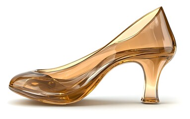 An elegant high heel shoe adorned with a golden glass top, showcasing a blend of luxury and contemporary design.