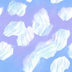 Seamless pattern of water with white sakura petals, moiré shading, prismatic dew, and colored pencil texture