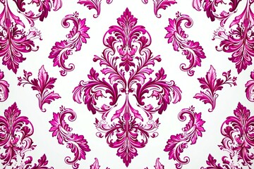 Intricate fuchsia floral damask pattern on white , wallpaper, flowers
