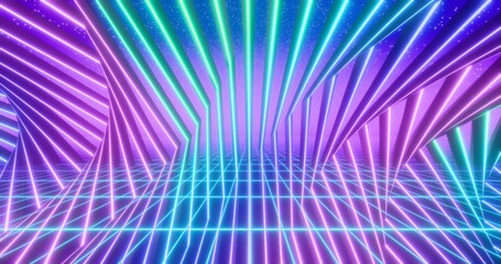 Obraz premium Futuristic glowing neon twisted gate and wireframe background. Shining grid planes and gates in perspective. Bright retro digital horizon. Purple starry sky. 3D rendering.