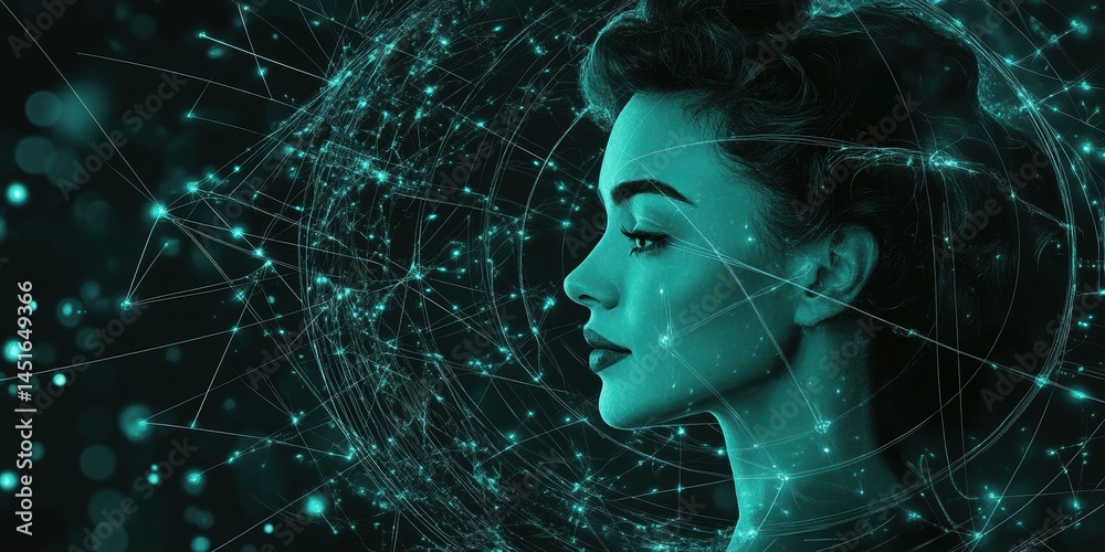 Poster profile of a woman surrounded by cyan digital network with abstract glowing dots on dark background 