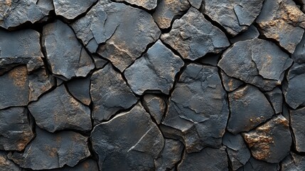 Close-up view of a dark stone wall, featuring irregular, fractured pieces.