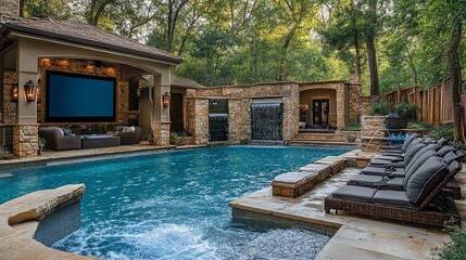 Luxurious backyard oasis featuring a pool, outdoor entertainment, and waterfall