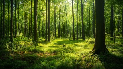 Obraz premium Sunlit Deciduous Forest Path: Tranquil Nature Scene