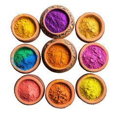Vibrant Holi powder colors in traditional clay pots arranged in a decorative pattern for the festival celebrations, Vibrant Holi Powder Colors in Ethnic Clay Pots On transparent background