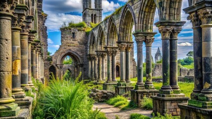 Weathered stone columns stand amidst overgrown vegetation in the ruins of a centuries-old cathedral , st andrews, ancient architecture