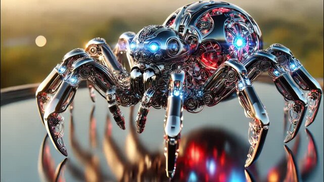 Futuristic robotic spider with glowing lights and detailed metallic design on shiny surface.
