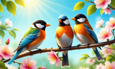 Fototapeta premium Colorful songbirds perched among blossoming cherry blossoms on a sunny day