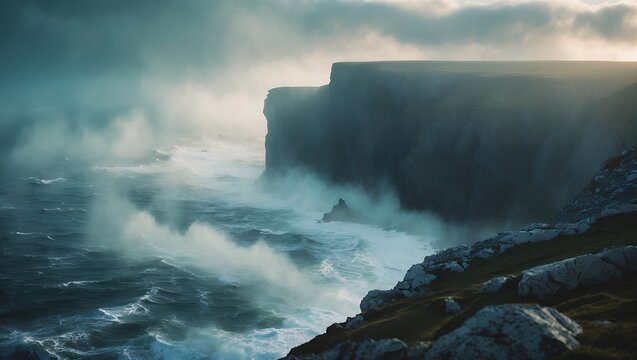 Dramatic Coastal Cliffs Landscape with Ocean Waves Crashing on Rocks - Powered by Adobe