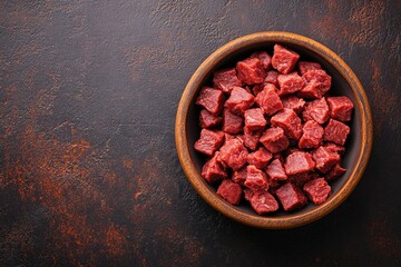 Cubed raw beef in a bowl on a dark surface. Small, uniform pieces of red meat are nestled in a rustic bowl, resting on a dark, textured surface