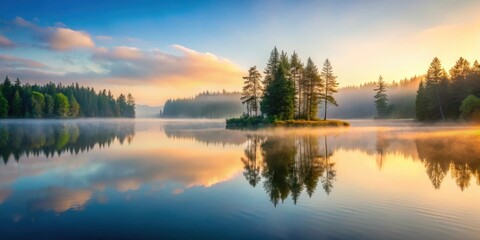 Fototapeta premium A misty dawn breaks over a serene lake surrounded by tall trees with gentle ripples on its surface , peaceful, calm, peaceful