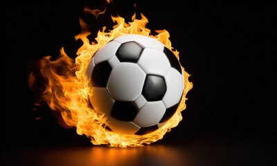 Fototapeta premium Burning soccer ball: dynamic imagery of a flaming football against black background