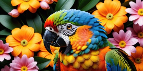 Fototapeta premium Vibrant macaw parrot amidst colorful flowers in a tropical setting