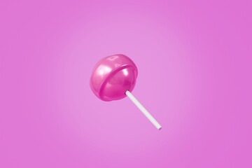 3d Sweet cute pink lollipop for child icon on stick in cartoon style. sweet candy. Single glossy green round candy on blue background. Minimal candy lollipop creative style for web design. 3d render