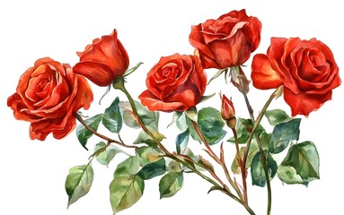 Watercolor painting featuring vibrant red roses with delicate petals and lush green leaves.