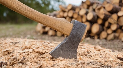 Naklejka na ściany i meble With a powerful strike, the hand drives the axe into the log, sending wood chips flying