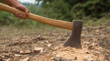 With a powerful strike, the hand drives the axe into the log, sending wood chips flying