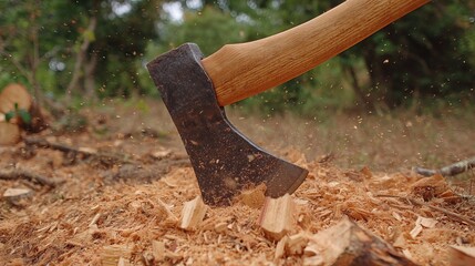 With a powerful strike, the hand drives the axe into the log, sending wood chips flying