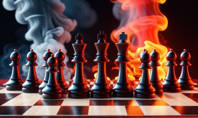 Dramatic chess battle with fire and smoke elements on wooden board