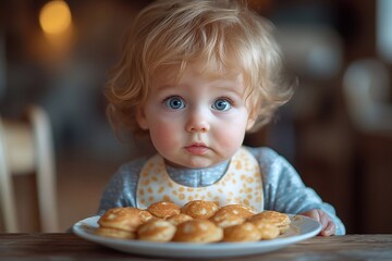 Naklejka premium A child is sitting at the table, after spreading jam on the pancakes.
