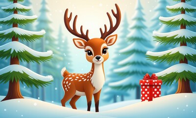 Fototapeta premium Cute festive reindeer in snowy forest with red gift box