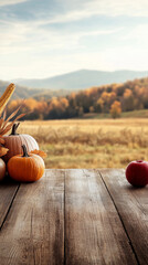 A table with a variety of fall fruits and vegetables, including apples