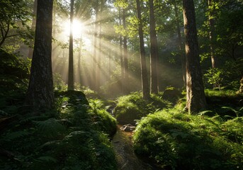 Obraz premium Sunlit forest with a stream, tall trees, and lush greenery.