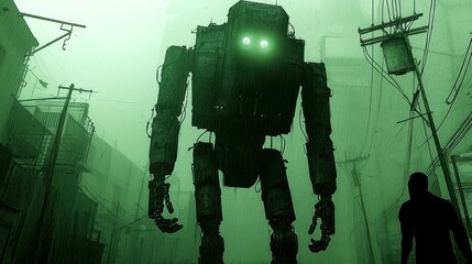 A gigantic robotic figure stands tall in a rainy urban environment