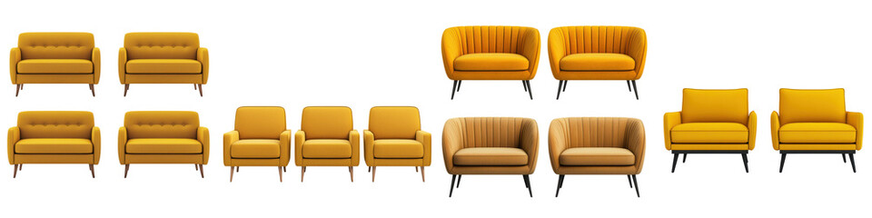 Fototapeta premium A collection of stylish yellow armchairs and sofas in a contemporary interior design