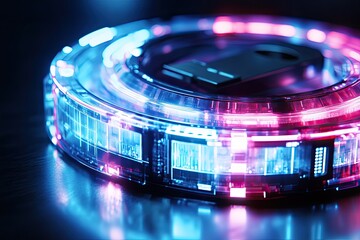 Circular, glowing tech device with vibrant lights