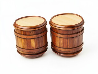 Two Miniature Dark Brown Wooden Barrels on White Background