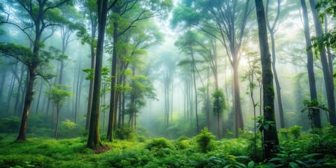 Fototapeta premium Misty forest landscape with dense foliage and towering trees in soft focus, blurred background , tree, outdoor, tree