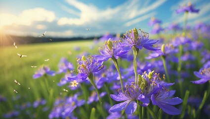 Blooming Purple Flowers in a Sunny Field with Flying Insects