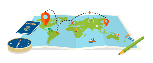 Big world map and travel vector illustration