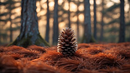 Pine Cone Resting on Needle Covered Forest Floor in Warm Light