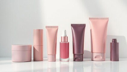 Close-up of various cosmetic items against a pure white surface, nail, eyeshadow, care