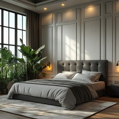 Modern bedroom, sunlight, plants, city view, interior design