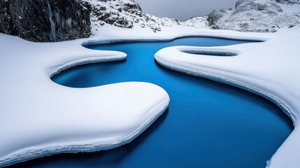 A stunning winter landscape shows glacial waters with snow cover
