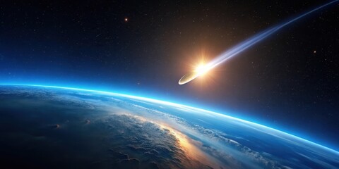 Obraz premium A small comet enters the Earth's atmosphere, its tail glowing with a faint light as it streaks across the dark blue sky at dusk , celestial body, planet earth