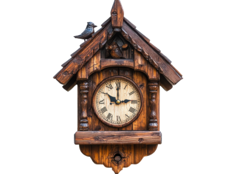 Vintage Wooden Cuckoo Clock with Bird Detail Isolated on transparent background