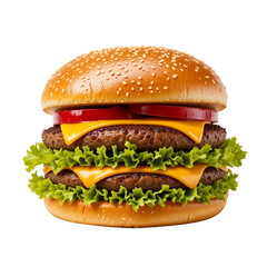 Delicious Double-Decker Burger: A mouthwatering double-decker burger with sesame seed bun, stacked with layers of juicy beef patties, melted cheese, fresh lettuce, and juicy red tomato slices.