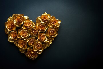 Heart Shape Made of Gold Roses on Dark Background