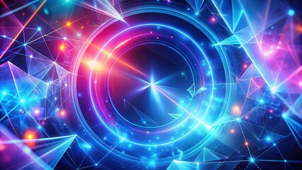 Naklejka premium Swirling blue light haze with geometric shapes and vibrant colors, neon glow art, digital art background