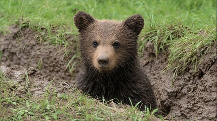 Fototapeta premium A young bear cub rolls joyfully in the mud, capturing a lighthearted wildlife moment full of curiosity and natural play.