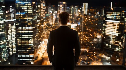 Businessman overlooking city skyline at night urban landscape professional environment inspirational view