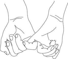 Two hands, man and woman, hold together,line drawing. Concept of romantic relationship, support, help, promise, reconciliation