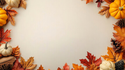 A white background with a frame of autumn leaves and pumpkins